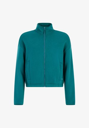 Teal zip-up jacket with high collar, long sleeves, side pockets, and elastic hem, shown front-facing on white background.