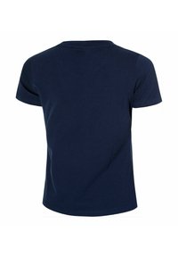 Navyblaues Baumwoll-T-Shirt mit Rundhalsausschnitt und kurzen Ärmeln. Glatte Textur, einfarbig und ein einfaches Design ohne Verzierungen.