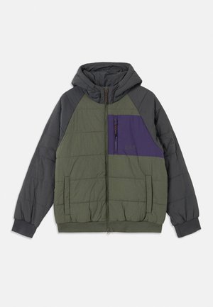 Padded hooded jacket in dark grey and muted olive green, featuring a purple chest pocket, zip closure, and elastic cuffs.
