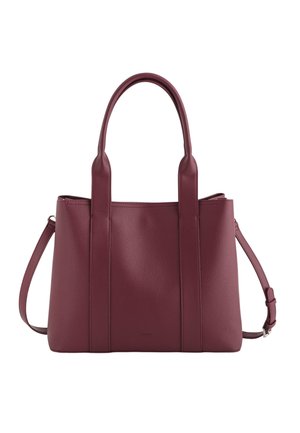 Burgunderfarbene Leder-Tasche mit strukturiertem Oberflächen, doppelten Tragegriffen und abnehmbarem Schultergurt. Verfügt über vertikale Nähte und eine klare Form.