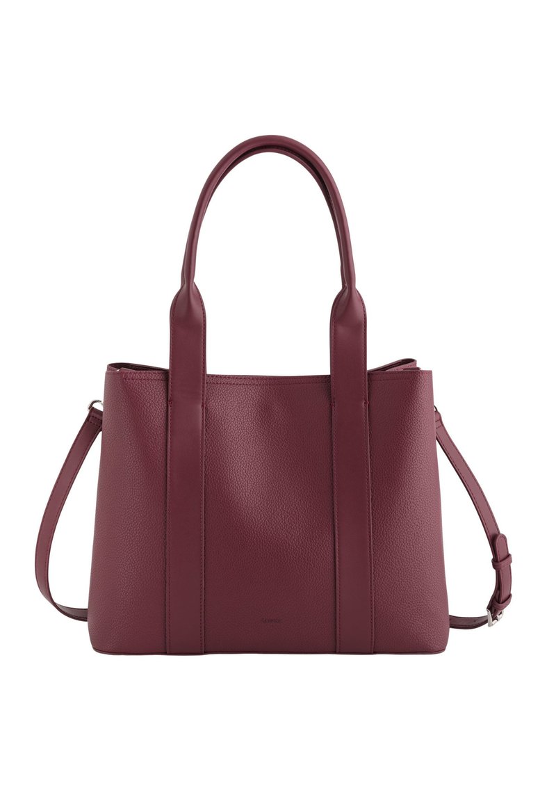 Bordowa skórzana torba tote o textured surface, z podwójnymi uchwytami u góry i odpinanym paskiem na ramię. Posiada pionowe szwy i zorganizowany kształt.
