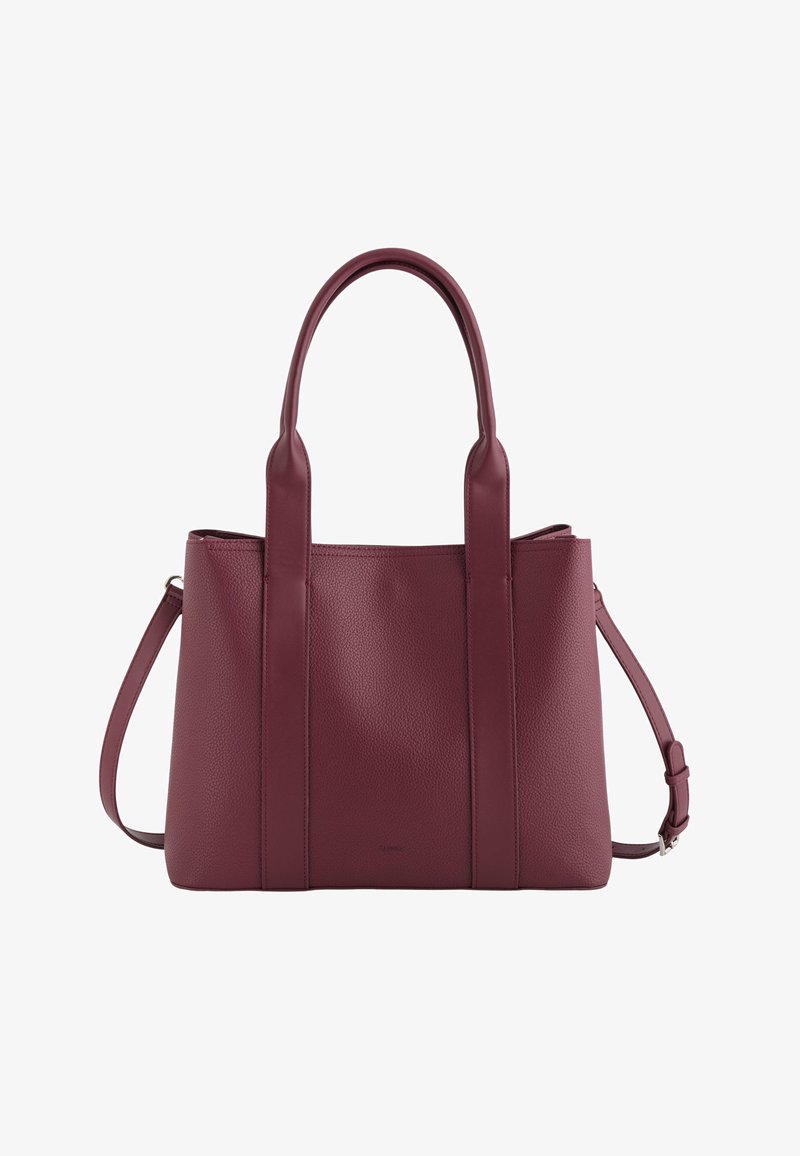 Bordowa skórzana torba tote o textured surface, z podwójnymi uchwytami u góry i odpinanym paskiem na ramię. Posiada pionowe szwy i zorganizowany kształt.