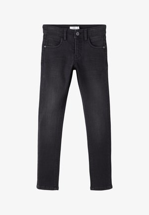 Jean slim noir avec fermeture par bouton et zip, poches avant et arrière, et passants de ceinture, présenté à plat sur un fond blanc.