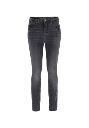 Jean slim noir, en denim. Doté d'une fermeture boutonnée, de poches avant et arrière, et d'un design simple sans ornements.