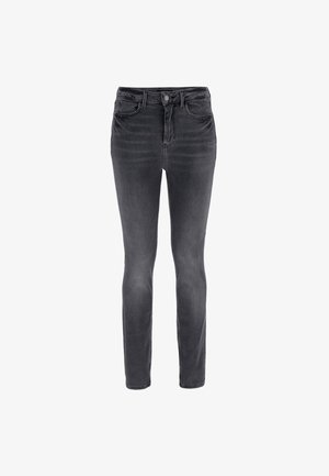 Schmale schwarze Jeans aus Denim. Verfügt über einen Knopfverschluss, Vorder- und Taschen auf der Rückseite sowie ein schlichtes Design ohne Verzierungen.