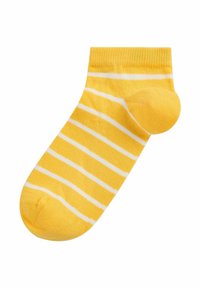 Gelbe Knöchelsocke mit horizontalen weißen Streifen, aus weichem Strickmaterial, mit abgerundetem Zehenbereich und geripptem Bündchen.