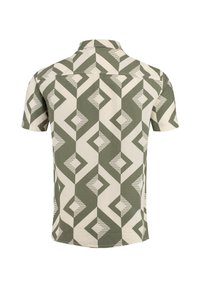Kurzarmhemd mit geometrischem Muster in olivgrün und beige, mit Streifen und Rautenmuster, aus einem strukturierten Stoff.