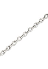 Catena metallica d'argento, con maglie ovali interconnesse e finitura lucida, che riflette la luce per un aspetto brillante.