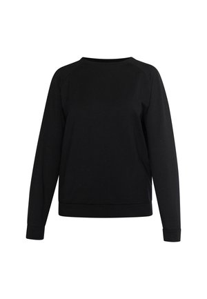 Čierna mikina vyrobená z mäkkej látky, s dlhými raglánovými rukávmi, klasickým výstrihom a elastickými manžetami a spodným lemom. Jednoduchý dizajn bez vzorov.