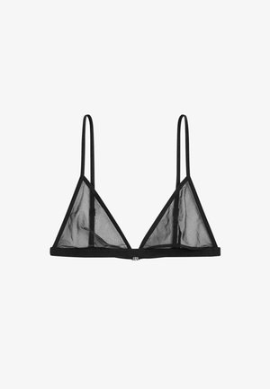 Svart triangulär bralette med genomskinlig meshtyg, justerbara band och en minimalistisk design. Har ett spänne bak.