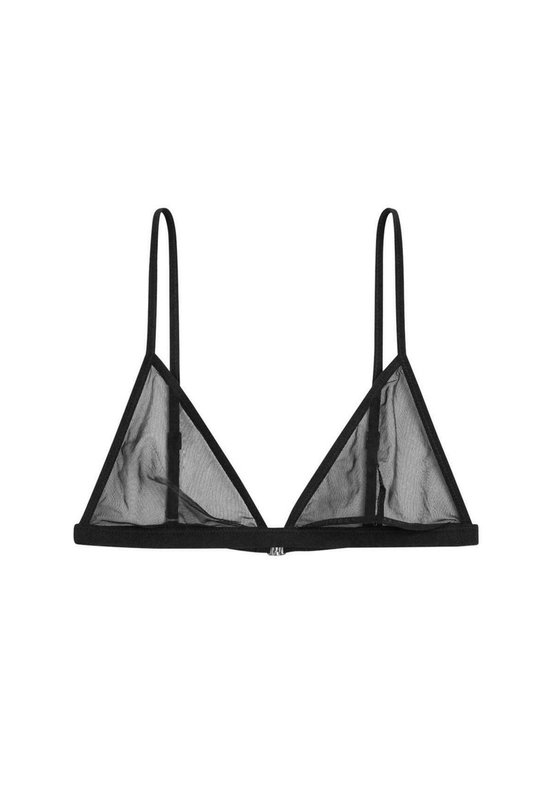 Black triangular bralette with sheer mesh fabric, adjustable straps, and a minimalistic design. Features a clasp closure at the back.