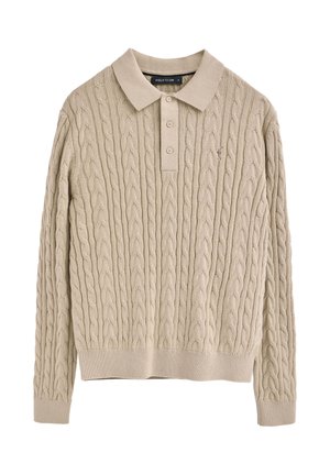 Beige Strick-Polo-Sweater mit einem Kabelmuster, einem spitzen Kragen, drei Knöpfen und gerippten Bündchen und Saum. Weicher Stoff und klassisches Design.