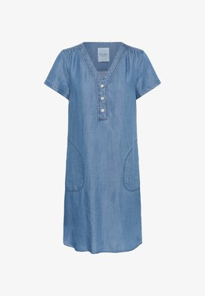 Denimkleid in Hellblau mit kurzen Ärmeln, V-Ausschnitt, Knopfleiste und Seitentaschen. Mit dezenten Steppnähten.