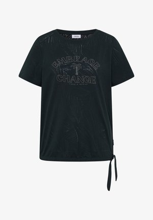 T-shirt noir à manches courtes avec un motif discret de feuilles, texte en strass "Embrace Change", motif palmier et détail noué sur le côté.