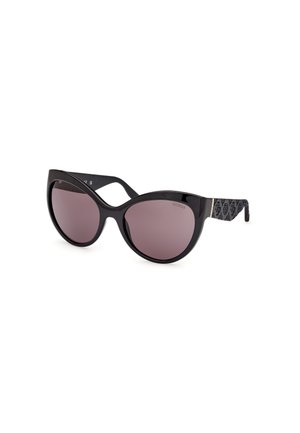 Ochelari de soare tip cat-eye cu un cadru lucios negru, lentile gradiente de culoare maro și brațe negre cu model, având accente cu logo-ul mărcii.