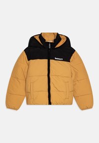 Kurtka puchowa z czarną górną częścią i musztardową dolną, zapinana na zamek błyskawiczny, z bocznymi kieszeniami, wykonana z gładkiej tkaniny.