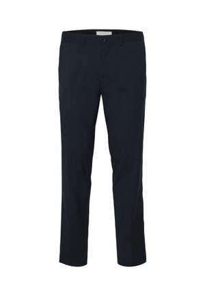 Marineblaue Hose aus glattem Stoff, mit Knopfverschluss, Gürtelschlaufen und geradem Bein.