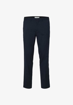 Marineblaue Hose aus glattem Stoff, mit Knopfverschluss, Gürtelschlaufen und geradem Bein.