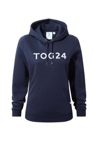 Navy blue hoodie with a kangaroo pocket, drawstring hood, and large white "TOG24" logo on the front. Soft fabric with ribbed cuffs.