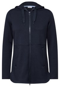 Navy zip-up hoodie made of soft fabric, featuring a drawstring hood, two front pockets, and a curved hem for a relaxed fit.