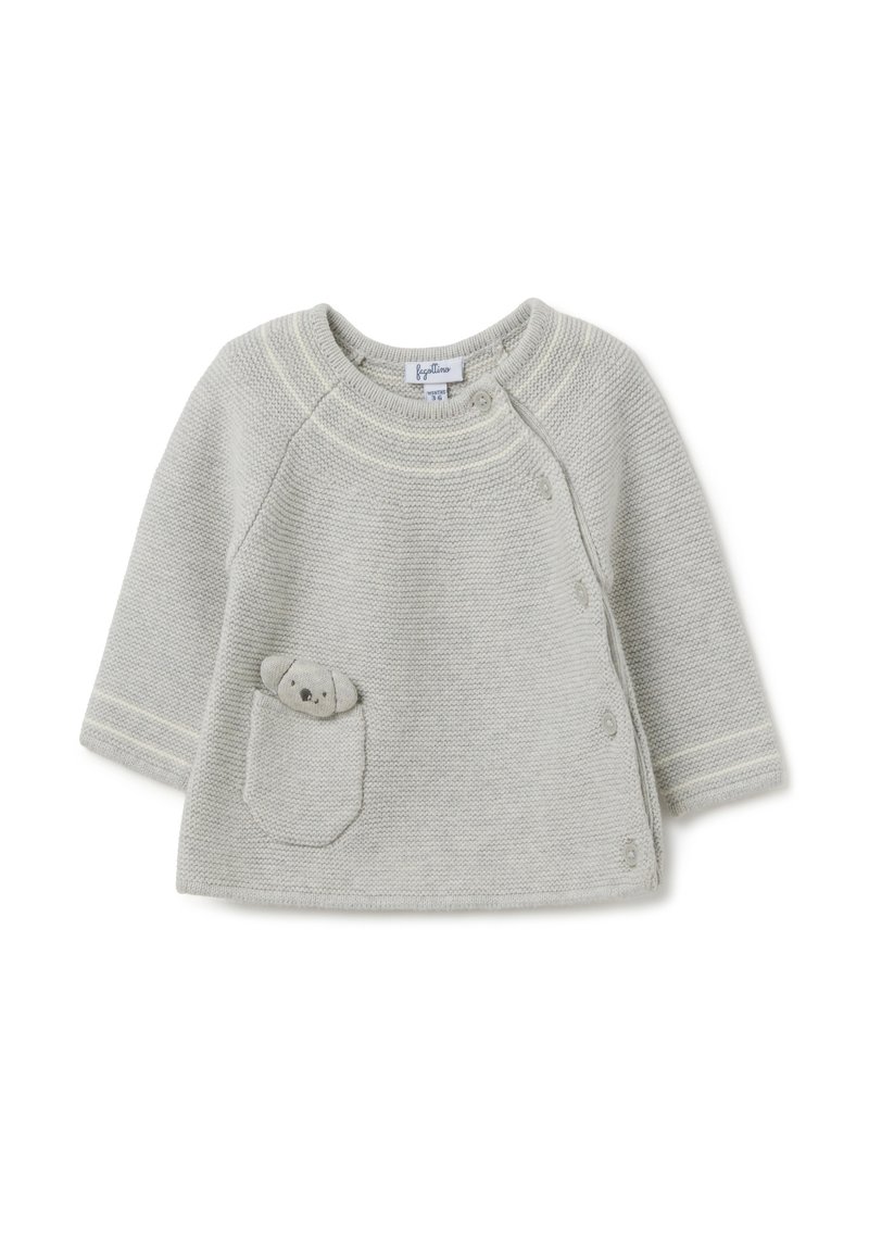 Hellgrauer, gestrickter Pullover mit langen Ärmeln, strukturiertem Stoff, seitlichen Knöpfen und einer Tasche mit einem kleinen, aufgenähten Bärenmotiv.