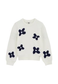 Pulover alb tricotat cu mâneci lungi și guler rotund, având pe față și pe mâneci șase modele fuzzy de flori cu patru petale de culoare albastru închis.