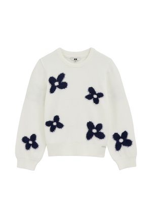 Fehér, hosszú ujjú kötött pulóver kerek nyakkal, elöl és az ujjakon hat pihe-puha, sötétkék, négy szirmú virágmintával.
