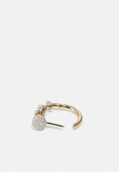 Gold-tone hoop earring featuring a textured, sparkly round accent and three smooth silver rings along the base. Polished finish, modern design.