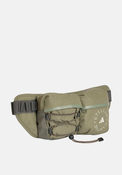 Olive green waist bag made of durable fabric, featuring adjustable strap, a front pocket, bungee cord detail, and logo print.