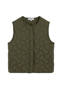 Chaleco acolchado en verde oliva con un patrón de ondas texturizado, diseño sin mangas y cierre frontal. Tejido suave con un brillo sutil.