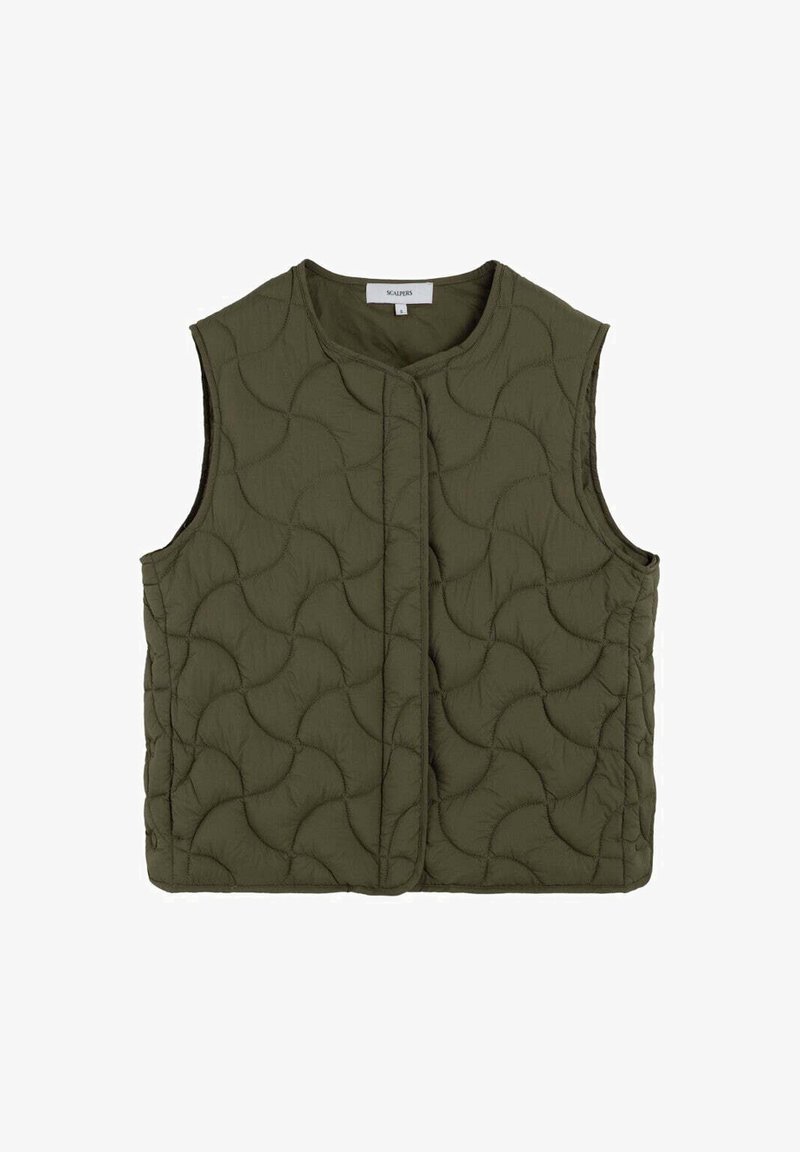 Gilet imbottito verde oliva con un motivo a onde testurizzato, design senza maniche e chiusura frontale. Tessuto morbido con una lucentezza sottile.