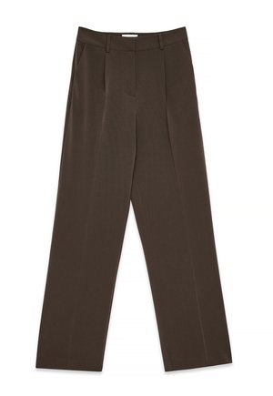 Brown tailored trousers with a straight-leg fit, featuring pressed creases, front pleats, and a smooth, textured fabric finish.