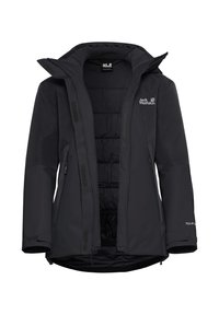 Schwarze wasserdichte Jacke mit abnehmbarem Kapuzen, Reißverschlusstaschen und Fleece-Futter. Verfügt über eine glatte Textur und verstellbare Ärmelbündchen.