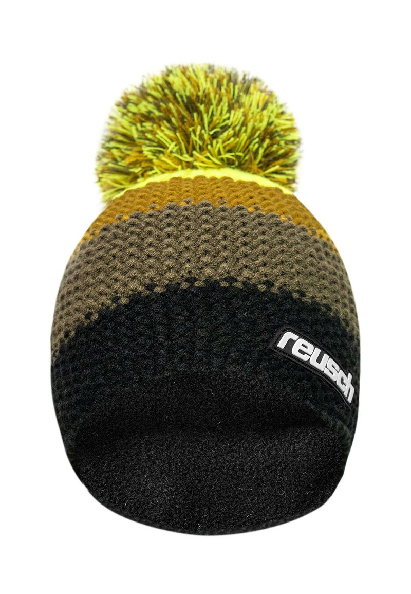 Knitted beanie in earthy tones of green, brown, and black with a round yellow and green pom-pom on top and a black logo patch.