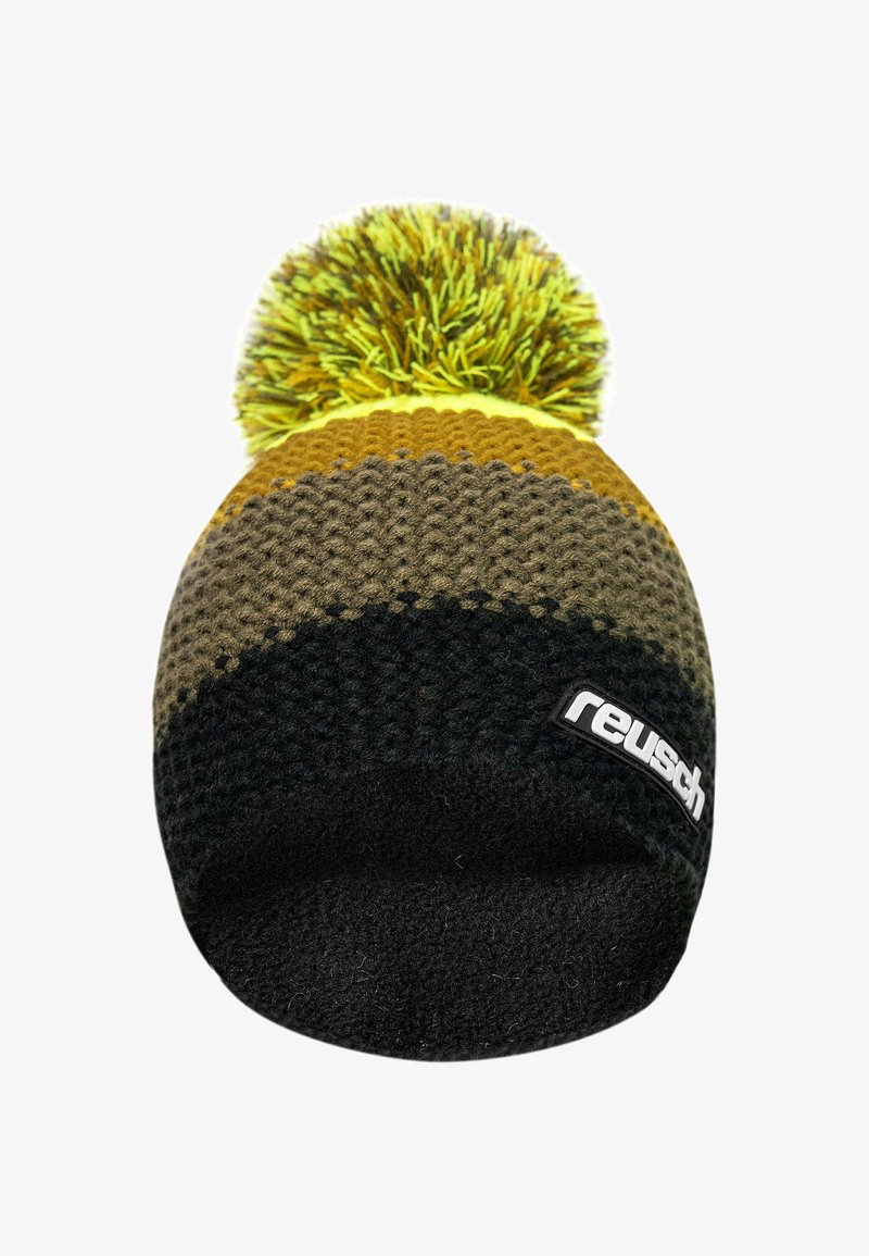 Knitted beanie in earthy tones of green, brown, and black with a round yellow and green pom-pom on top and a black logo patch.