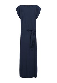 Robe maxi bleu marine avec des manches courtes, ceinture à la taille et silhouette droite, fabriquée à partir d'un tissu doux et léger.