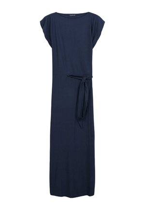 Navyblaues Maxikleid mit kurzen Ärmelchen, Taillenknoten und gerader Silhouette, aus weichem, leichtem Stoff gefertigt.