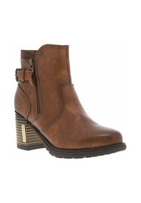 Bottines en cuir marron avec un bout arrondi, une fermeture éclair sur le côté et une boucle décorative. Comprend une semelle en caoutchouc texturée et un talon empilé.