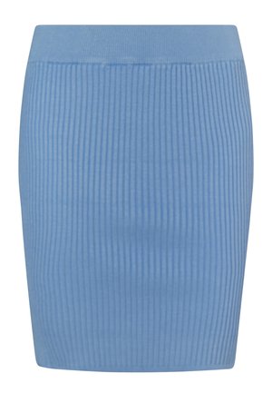 Gonna mini a coste di colore azzurro chiaro con forma aderente e vita liscia, realizzata in un materiale elastico per comfort e libertà di movimento.