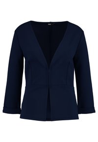 Navy blue blazer with a deep V-neck, long sleeves, and a structured design. Features a front opening and rolled cuffs. Soft fabric texture.