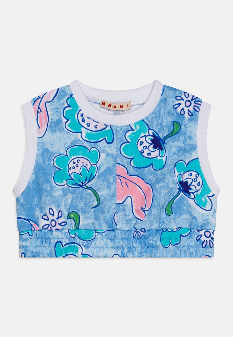 Modrý kvetinový crop top s kvetinovým vzorom v tóne pleti, s bielymi lemami okolo armholov a výstrihu. Vyrobený z mäkkej látky.