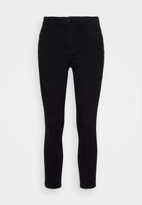 Jeans skinny negros hechos de denim, con cierre de botón en la parte frontal, dos bolsillos delanteros y un diseño ajustado con un dobladillo limpio.
