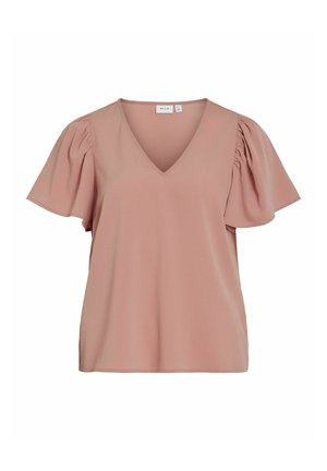 Light pink V-neck blouse with short puff sleeves. Made from soft fabric, it features a relaxed fit and subtle texture on the sleeves.