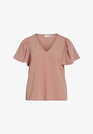 Light pink V-neck blouse with short puff sleeves. Made from soft fabric, it features a relaxed fit and subtle texture on the sleeves.