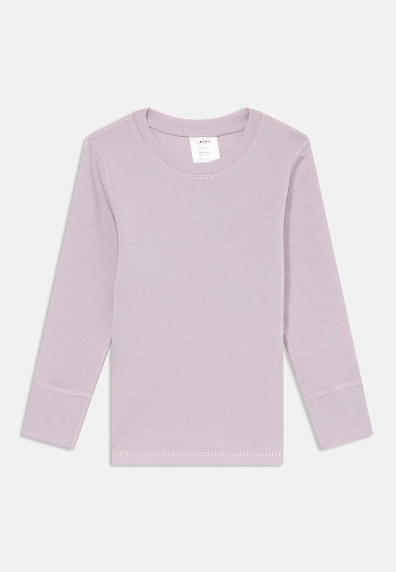 Lichtpaarse blouse met lange mouwen en ronde hals. Gemaakt van zachte stof, met gestikte zomen en manchetten, zonder extra patronen of accenten.