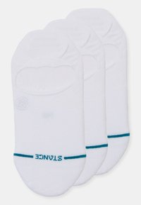 White low-cut socks with a soft texture, featuring a blue accent stripe and logo. Sold in a pack of three, designed for comfort.