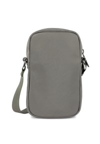 Borsa a tracolla rettangolare grigia compatta con cinturino in tessuto e ganci in metallo su sfondo bianco.