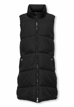 Doudoune sans manches matelassée noire avec col montant, fermeture éclair frontale, poches latérales avec boutons-pression et design long et rembourré.