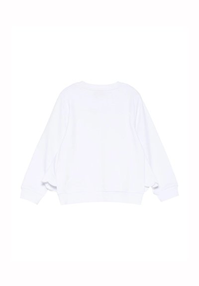 Sweat-shirt blanc à manches longues avec des poignets et un ourlet côtelés, affiché à plat sur un fond blanc, vue arrière visible.
