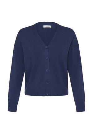 Tamsiai mėlynas kardiganas, pagamintas iš minkštos mezginio medžiagos, su V formos iškirpte, ilgomis rankovėmis ir šešių sagų užsegimu priekyje. Lygus paviršius.